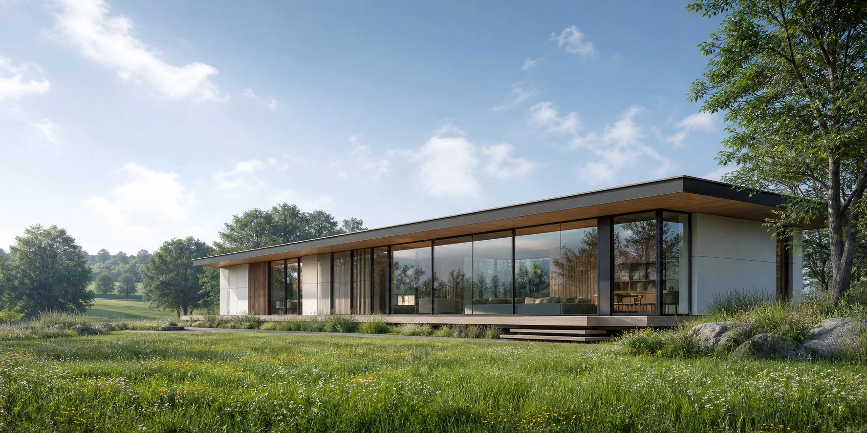 Projeto simulado da casa de vidro finalizada em uma paisagem natural