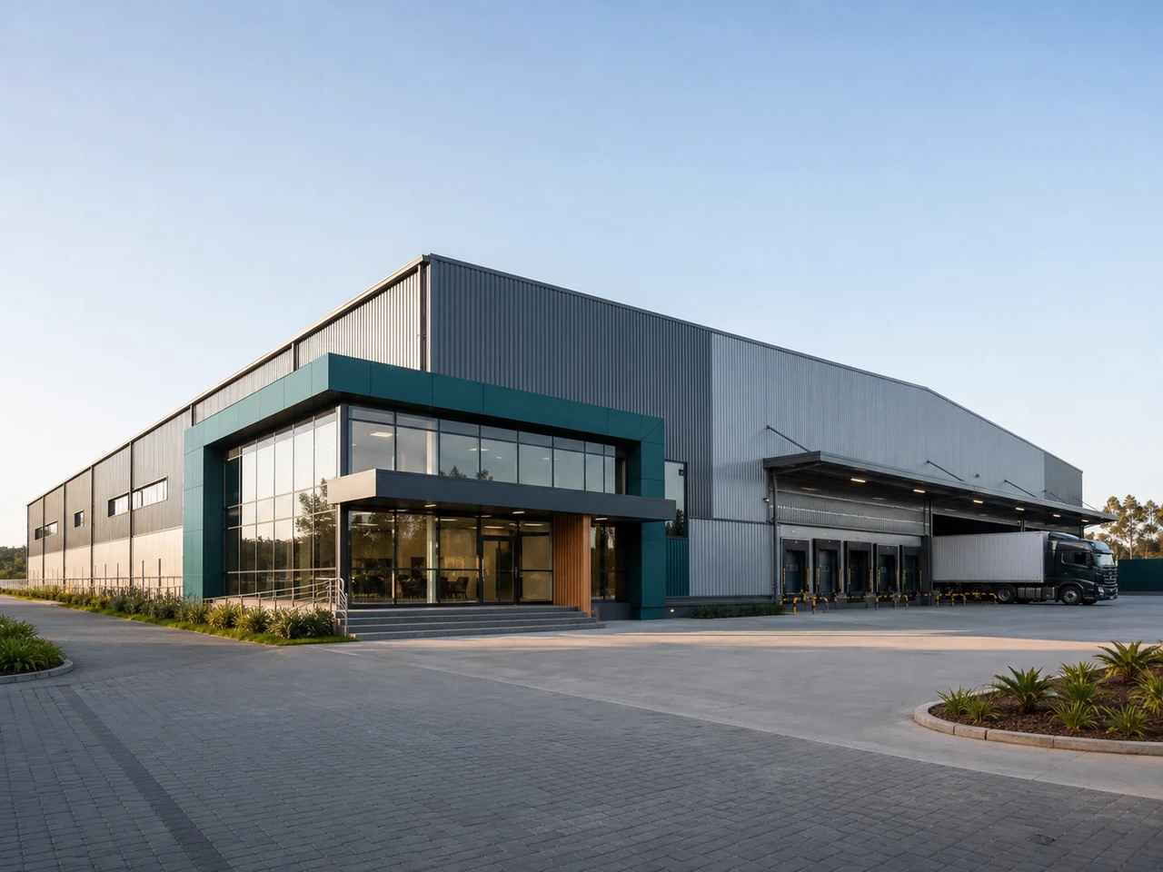 Projeto simulado de fábrica e galpão industrial com bloco administrativo