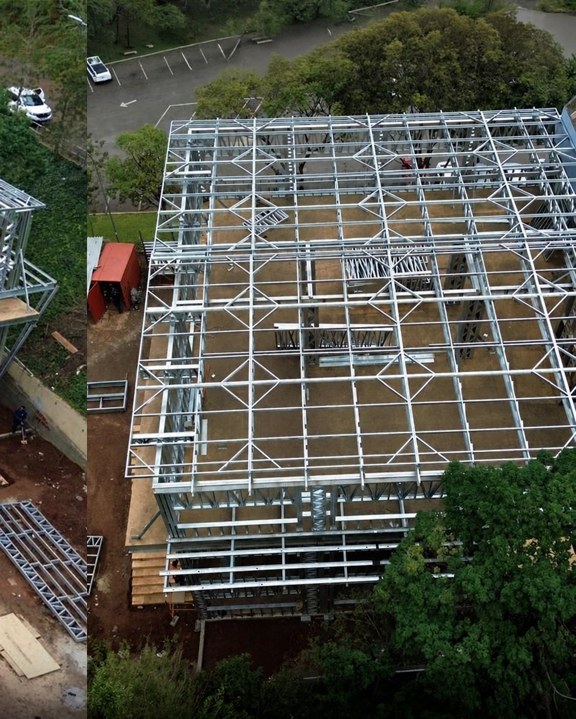 Vista superior de cobertura modulada em Steel Frame