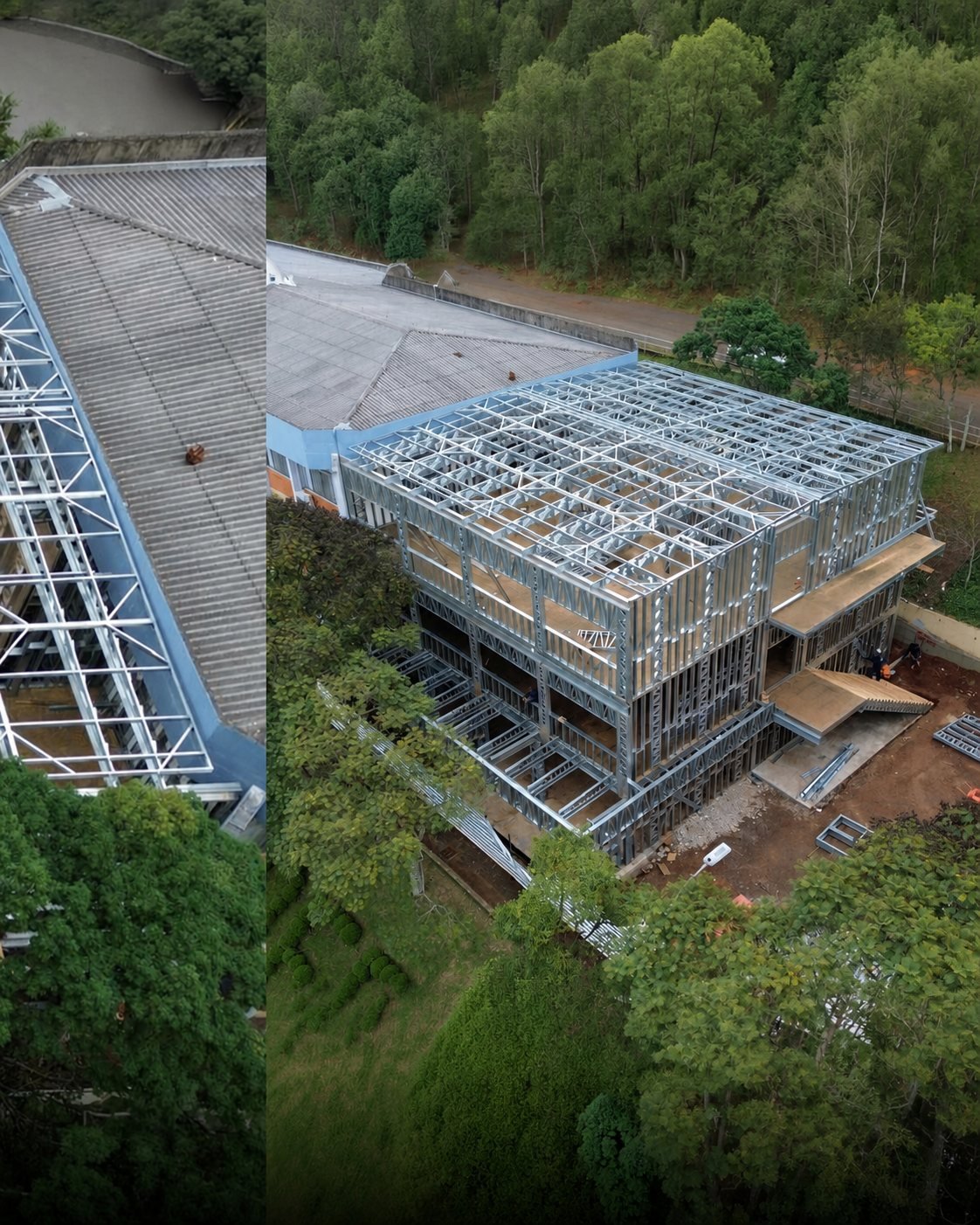 Vista aérea de estrutura de grande porte em Steel Frame